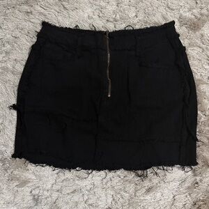 Black Frayed Patchwork Mini Skirt with Front Zip